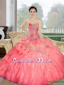 Pretty 2015 Beading and Ruffles Sweetheart Quinceanera Dresses in Watermelon