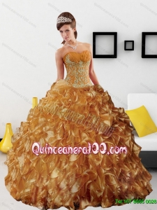 Sturning Appliques and Ruffles 2015 Wholesale Quinceanera Dress in Gold