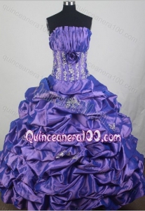 Eggplant Purple Taffeta Ball Gown Pick-ups and Hand Made Flower Quinceanera Dresses