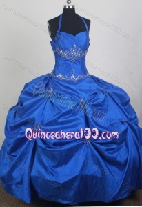 Beading and Appliques Taffeta Blue Quinceanera Dress with Halter Top