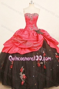 Cheap Ball Gown Strapless Red and Black Appliques Pick-Ups Quinceanera Dress