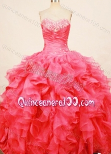 Fashionable Ball Gown Sweetheart Beading and Ruffers Coral Red Quinceanera Dress
