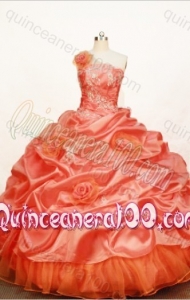 Gorgeous Orange Red Ball Gown One Shoulder Neck Quinceanera Dress with Appliques and Pick-Ups