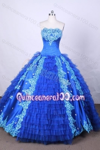 Modest Ball Gown Strapless Blue Appliques And Beading Quinceanera Dresses