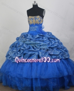 Strapless Ball Gown Appliques Quinceanera Dress Blue Organza