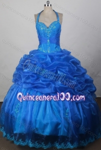 Sweetheart Ball Gown Appliques Organza Blue Halter Top Quinceanera Dresses