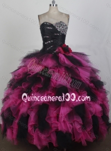 Sweetheart Ball Gown Beadings and Hand Made Flower Pink and Black Quinceanera Dress