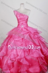 Luxurious Ball Gown Beading One Shoulder Hot Pink Quinceanera Dresses