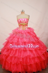 Luxurious Ball gown Strapless Ruffled Layers Coral Red Quinceanera Dresses With Beading