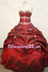 Popular Wine Red Ball Gown Strapless Quinceanera Dress With Pick-ups And Appliques