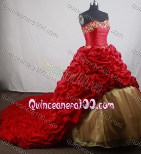 Romantic Ball Gown Embroidery Strapless Red Chapel Train Quinceanera Dresses