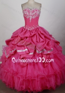 Sweetheart Ball Gown Beading and Ruffles Taffeta and Organza Hot Pink Quinceanera Dresses