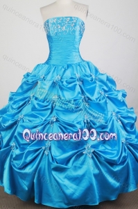 Blue Classical Beading and Embroidery Taffeta Quinceanera Dress with Pick-ups