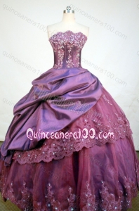Ball Gown Strapless Burgundy Beading and Appliques Quinceanera Dresses With Pick-ups