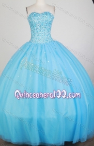 Luxurious Ball Gown Beading Aqua Blue Lace-up Quinceanera Dress