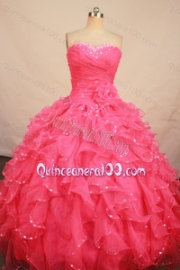 Pretty Ball Gown Sweetheart Organza Beading And ruffles Watermelon Quinceanera Dresses