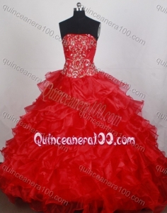 Beautiful Strapless Red Ruffles and Embroidery Quinceanera Dresses with Brush Train