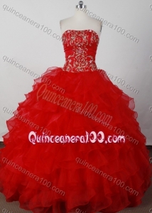 Elegant Ball Gown Strapless Red Ruffles And Embroidey Quinceanera Dresses