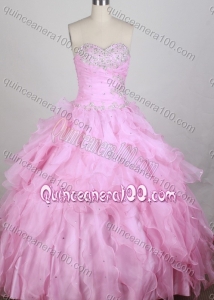 Lovely Pink Ball Gown Sweetheart Beading Quincenera Dresses With Ruffles