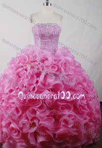Perfect Ball Gown Strapless Beading And Ruffles Quinceanera Dress in Rose Pink