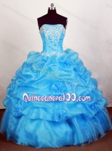 Aqua Blue Beading and Ruffles Quinceanera Dresses with Hand Made Flower and Appliques