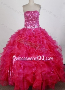 Beading and Ruffles Strapless Quinceanera Dresses in Coral Red