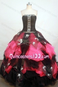 Exquisite Strapless Ruffles and Appliques Quinceanera Dress in Black and Pink