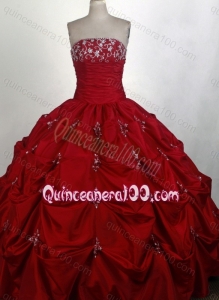 Strapless Appliques with Beading Full Length Wine Red Quinceanera Dresses