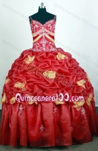 Spaghetti Straps Ball Gown Organza Red Quinceanera Dresses with Appliques