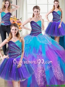 Three for One Puffy Tulle Beaded and Ruffled Detachable Quinceanera Dress in Rainbow Colored