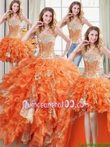Discount Sweetheart Organza and Sequins Ruffled Detachable Quinceanera Dress in Orange
