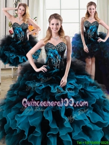 Gorgeous Beaded and Ruffled Two Tone Removable Quinceanera Gowns with Handcrafted Flowers