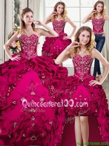 Beautiful Taffeta Embroideried and Bubble Sweetheart Detachable Quinceanera Dresses in Fuchsia