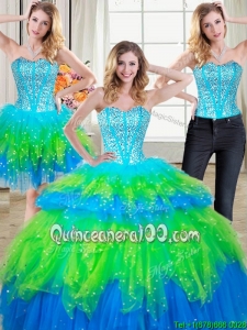 Hot Sale Visible Boning Rainbow Colored Detachable Quinceanera Dresses with Beading and Ruffled Layers