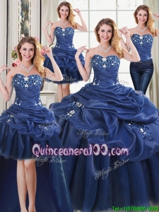 Cheap Applique and Pick Ups Removable Quinceanera Gowns in Navy Blue