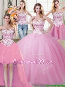Most Popular Beaded Sweetheart Rose Pink Removable Quinceanera Dresses in Tulle