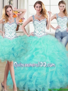 Discount Two for One Puffy Ruffled and Beaded Detachable Quinceanera Dress in Aqua Blue