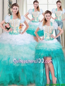 Lovely Sweetheart Applique and Beaded Ruffled Multi Color Detachable Quinceanera Dress with Brush Train