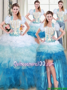 Perfect Sweetheart Brush Train Multi Color Detachable Quinceanera Dress with Appliques and Beading Ruffled