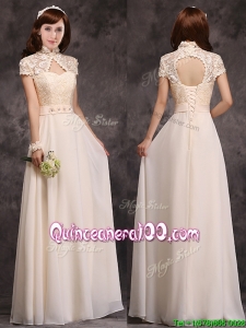 Hot Sale High Neck Champagne Dama Dress with Appliques and Lace