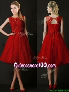 Modest Knee Length Red Dama Dress with Beading and Appliques
