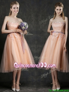 Hot Sale Strapless Peach Dama Dress with Sashes and Lace