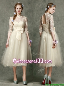See Through High Neck Half Sleeves Dama Dress with Lace and Bowknot