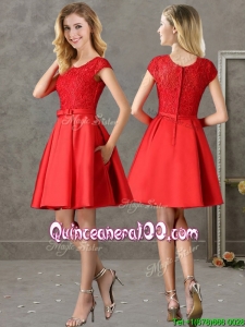 Gorgeous Scoop Cap Sleeves Red Dama Dress with Lace and Bowknot