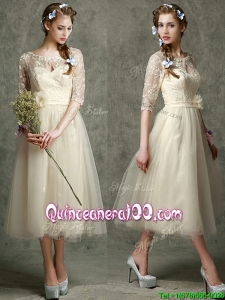 See Through Scoop Half Sleeves Dama Dress with Hand Made Flowers and Lace