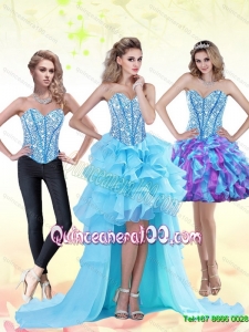 Aqua Blue High Low 2015 Dama Dresses for Quinceanera with Beading and Ruffles