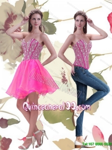 Exclusive 2015 Mini Length Hot Pink Dama Dresses for Quinceanera with Beading