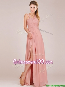 Modern Straps Peach Dama Dress with Ruching and High Slit