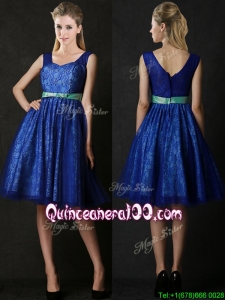 New Arrivals Belted and Laced Blue Dama Dress in Knee Length
