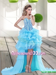 2015 Discount Aqua Blue High Low Dama Dresses with Beading and Ruffles